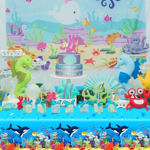 Miniatura 4 de Juego de 3 manteles de plástico con diseño de tiburón y animales bajo el mar, 106 x 54 pulgadas, diseño de ondas oceánicas para baby shower, playa