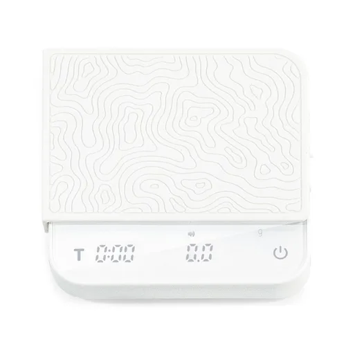 Mini báscula de café con temporizador – Báscula de peso digital para barista con tapete de ajuste de diseño, precisión de 0.1g, portátil y Blanco