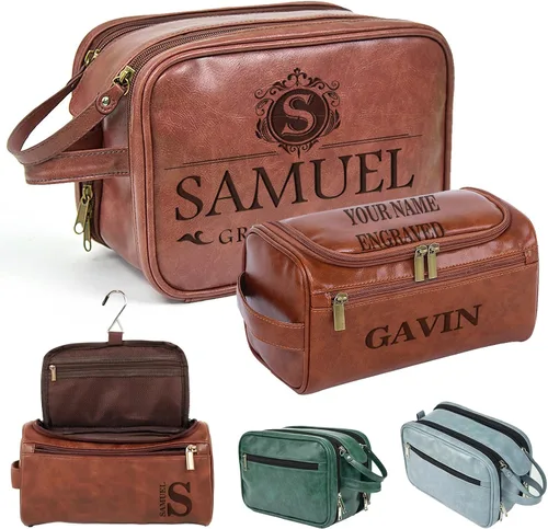 Miniatura 8 de Neceser de cuero personalizado para hombres, bolsa de aseo de viaje grabada personalizada, regalo de nombre y logotipo personalizado para padre