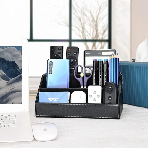 Miniatura 5 de KINGFOM™ Caja de almacenamiento y organizador de papelería multifunción para escritorio; estructura de madera y piel para la oficina del hogar; Negro