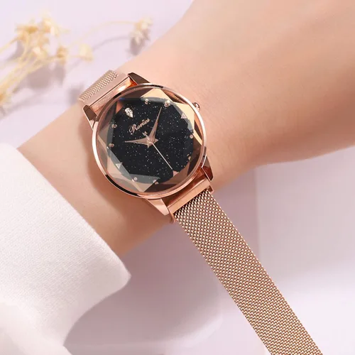 Miniatura 3 de RORIOS Reloj de pulsera simple para mujer, con esfera de cielo estrellado, hebilla de banda de malla, fácil de usar con diamantes simulados, reloj