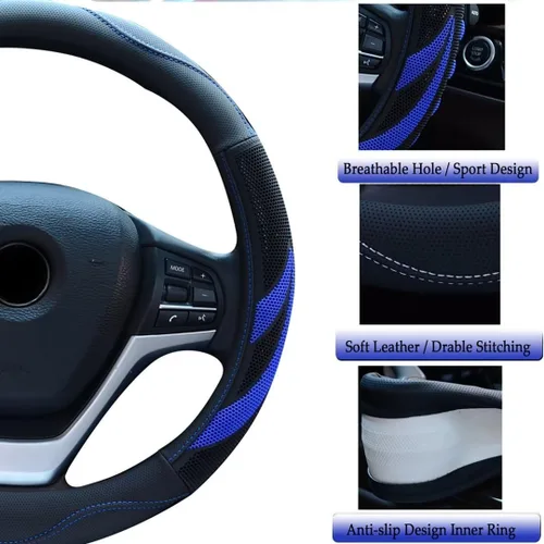 Miniatura 5 de Alusbell - Funda de volante de cuero de microfibra transpirable para auto, tamaño grande, 39.4-40.6 cm de diámetro exterior, azul, para hombres