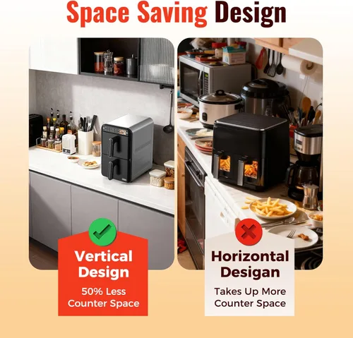Miniatura 6 de Horno freidora de aire de 11.6 cuartos de galón con cesta doble, diseño vertical de 2 cestas, función de 6 programas preestablecidos con pantalla