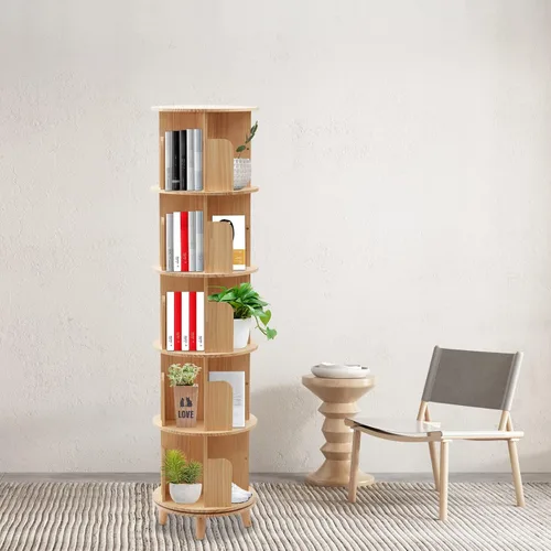Miniatura 6 de Estantería giratoria de 360°, estante apilable de madera maciza de 5 niveles, estante de almacenamiento de pie para sala de estar, estudio y oficina