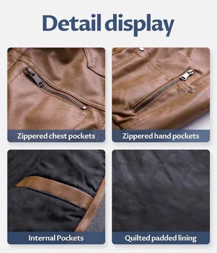 Miniatura 7 de CREATMO US Chaqueta de piel sintética para hombre, impermeable, resistente al viento, PU con capucha extraíble
