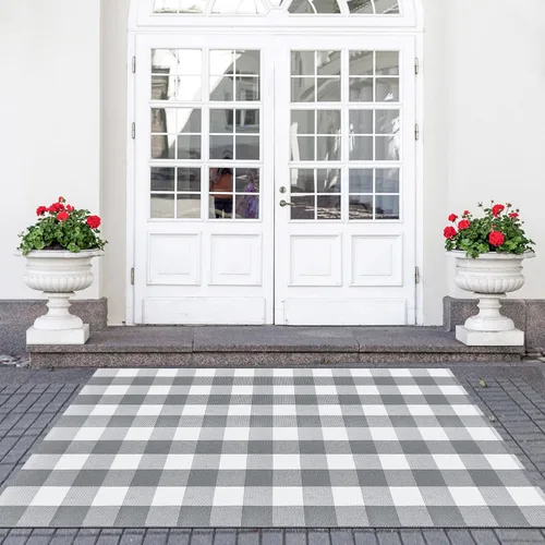 Miniatura 55 de Alfombra de Exterior de Cuadros Buffalo 2x3 pies, Alfombra Tejida de Algodón Negro y Blanco Roto, Tapetes para Puerta de Porche Frontal, Alfombra