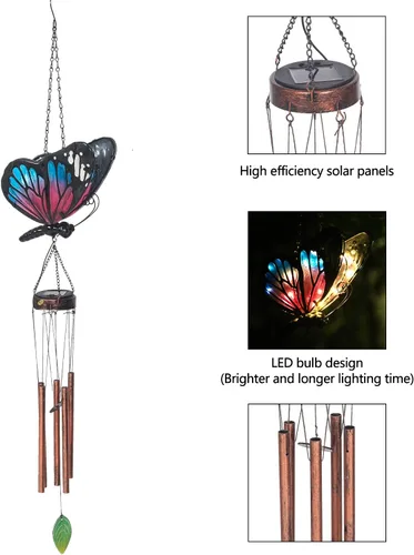 Miniatura 7 de Campanillas de viento solares para exteriores, diseño de mariposa, decoración exterior para patio, porche, jardín (azul)