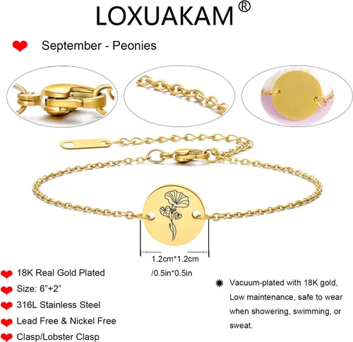 Miniatura 5 de Pulsera de flor de nacimiento de oro de 18 quilates grabada personalizada, pulseras con dije floral personalizado de acero inoxidable, cadena