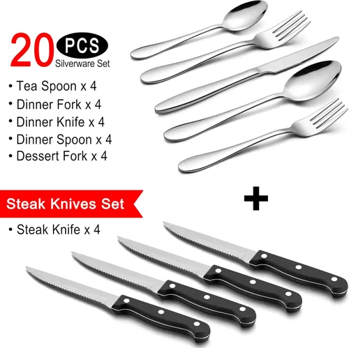 Miniatura 2 de LIANYU Juego de cubiertos de 24 piezas con cuchillos para carne, cubiertos de acero inoxidable para 4, tenedor, cuchara, cuchillo, utensilios