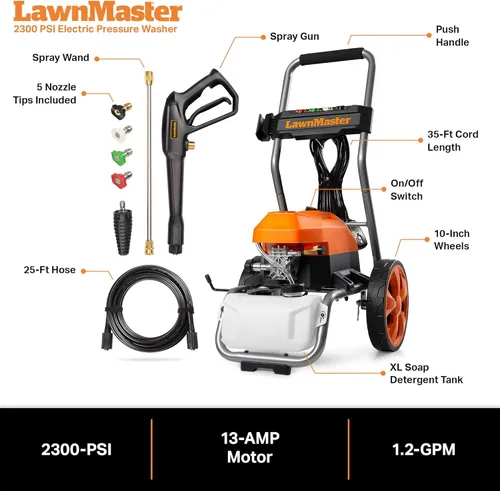 Miniatura 7 de LawnMaster LT2100B Lavadora a presión eléctrica 2300 PSI MÁX 13 Amp 1.2 GPM Certificada CSA con 5 boquillas Organización de almacenamiento potente