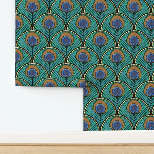 Miniatura 4 de Spoonflower Despegar y pegar papel pintado Swatch – Patrón de abanico Art Deco de pavo real pluma azul verde 1920 inspirado vintage dorado estampado