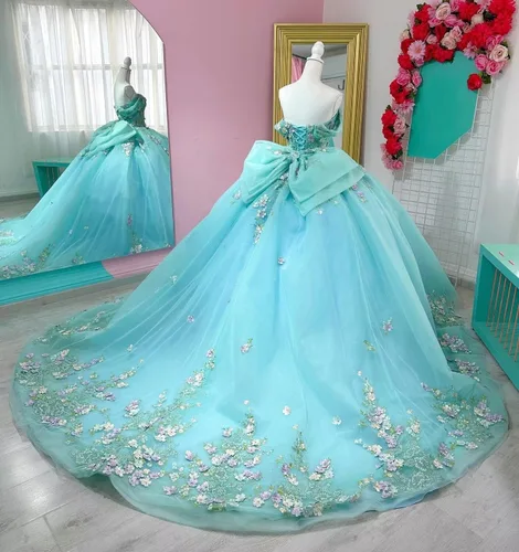 Miniatura 7 de Mauuwy Vestidos de quinceañera florales en 3D, vestido de baile de tul brillante hinchado, dulce 16 vestidos de encaje con hombros descubiertos