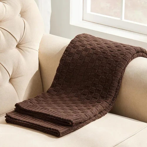 Miniatura 20 de Manta de punto beige para sofá, manta de punto de tablero de ajedrez beige para cama, manta de punto reversible suave y acogedora, 50 x 60 pulgadas