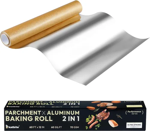 Katbite Rollo de papel de aluminio - 12 pulgadas x 60 pies, 60 pies cuadrados, rollo antiadherente resistente con cortador portátil