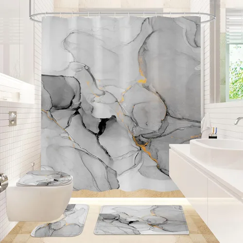 Miniatura 7 de Gibelle Juego de 4 cortinas de ducha de baño con alfombras antideslizantes, cubierta para tapa de inodoro y tapete de baño, juego de decoración