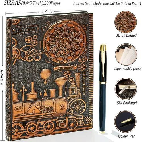 Miniatura 2 de Diario de Escritura de Cuero Repujado con Tren Vintage con Juego de Bolígrafos, Libreta Diaria Antigua Hecha a Mano Cuaderno de Bocetos, Diarios