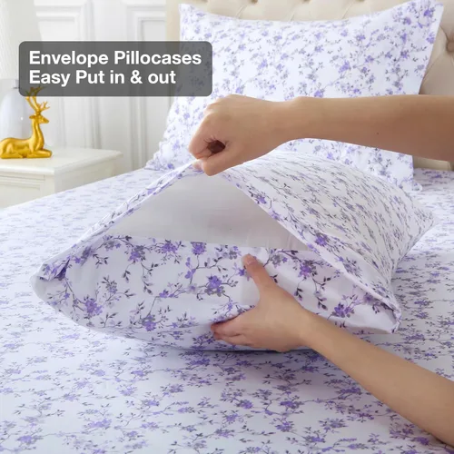 Miniatura 82 de Viviland Juego de sábanas de 3 piezas con estampado botánico de mariposas y flores rosas y moradas, sábanas de microfibra suave y transpirable