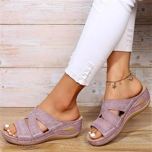 Miniatura 3 de Sandalias ortopédicas para mujer, plataforma elegante, tacón de cuña, sin cordones, puntera abierta, sandalias ortopédicas casuales de verano Rosa