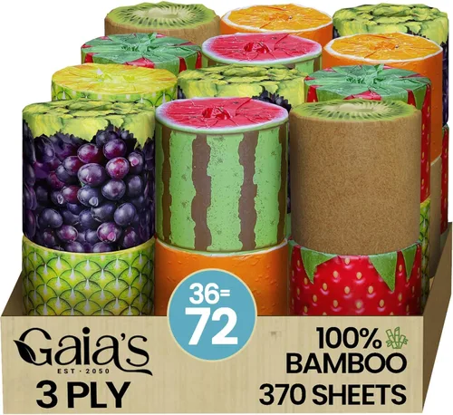 Miniatura 9 de Gaia's Premium y suave papel higiénico de bambú orgánico con aroma a fruta 12 mega rollos, 3 capas, 370 hojas Certificado FSC, libre de PFAS