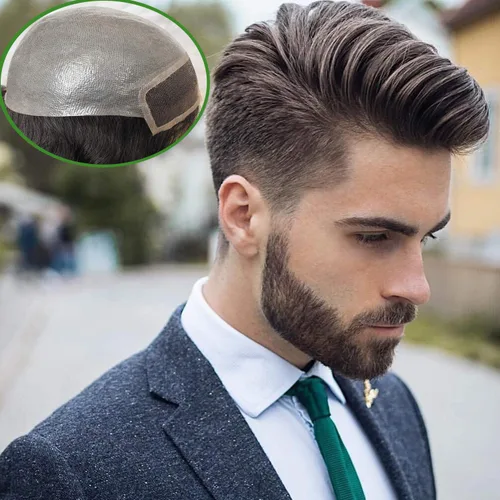 Miniatura 6 de Voloria Toupee para hombres 100% cabello humano europeo suizo frente encaje frontal natural piezas de cabello 0.003 in piel fina PU V-looped sistema