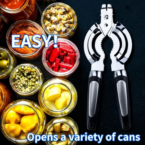 Miniatura 5 de Abridor de tarros, abridor de tarros múltiples para manos débiles, abridor de tapa de tarro de acero inoxidable, abrebotellas de cerveza para manos