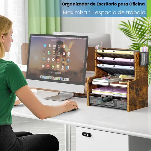 Miniatura 5 de DAOUTIME Organizador de escritorio de malla de 6 niveles con cajón, organizador de oficina de madera para papeles, carpetas y suministros