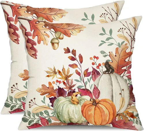 Miniatura 8 de DFXSZ Fundas de almohada de otoño de 16 x 16 pulgadas, juego de 2 fundas decorativas de otoño de hojas caídas de calabaza en acuarela azul y verde