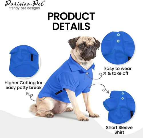 Miniatura 3 de Camisas Polo Parisian Pet - Camisa de Algodón Transpirable para Perros - Azul Sólido, Ropa de Verano con Capucha - Cuello con Botón para Perros