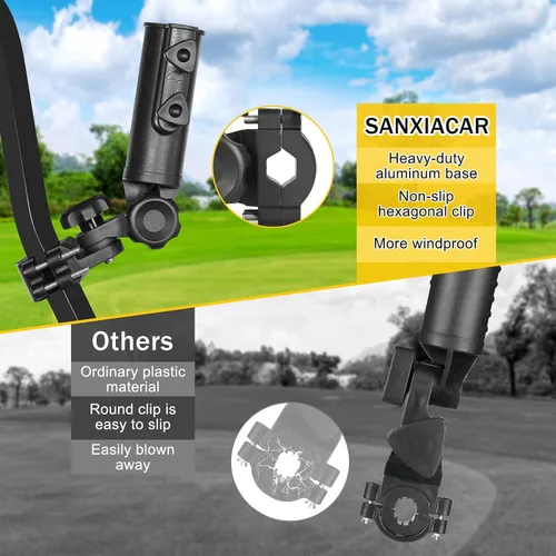Miniatura 5 de Soporte de paraguas de carrito de golf resistente con base de aluminio ajustable de 180° para cochecito, bicicleta, silla de ruedas, bicicleta