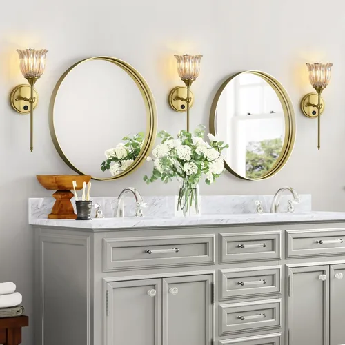 Miniatura 8 de Juego de 2 apliques de pared modernos con pantalla de cristal de flor ámbar, accesorios de luz de pared de tocador de baño de mediados de siglo
