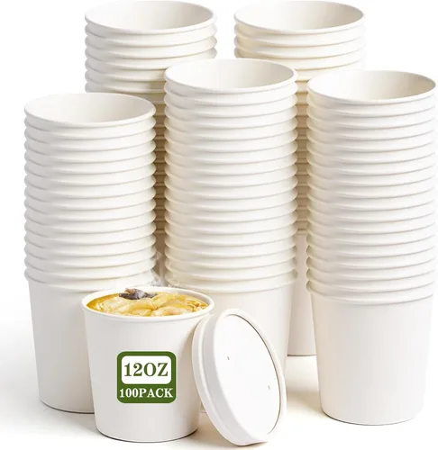 Miniatura 15 de Paquete de 100 recipientes de papel de 4 onzas para sopa con tapas ventiladas, recipientes desechables para alimentos, tazas de helado de estraza