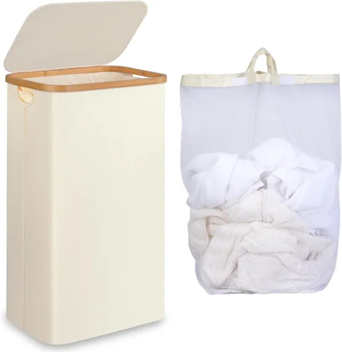 Miniatura 16 de iEGrow Cesta de lavandería delgada de 65L, cesta de lavandería estrecha con tapa, cesta de ropa plegable con asas de bambú, cesta de lavandería