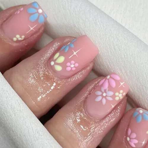 Miniatura 23 de Uñas postizas ovaladas a presión con puntas francesas, juego de uñas postizas cortas de flores artificiales, uñas postizas acrílicas con diseños