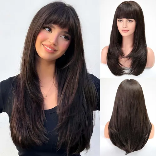 Miniatura 10 de EMMOR Peluca rubia con flequillo para mujer, pelucas largas y lacias, peinado sintético en capas para niñas, fiesta, cosplay y uso diario