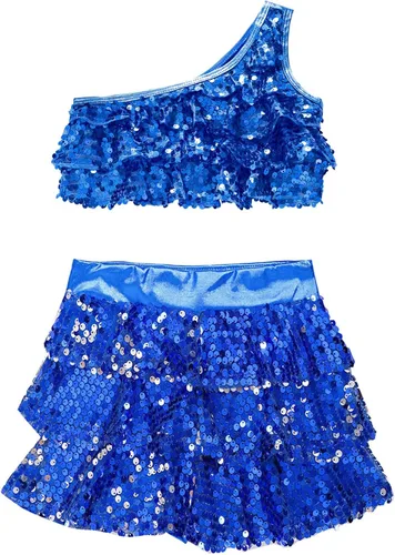 Miniatura 14 de JEATHA Top corto con borlas y lentejuelas brillantes para niñas, con minifalda, jazz latino, salsa, samba, rumba, baile