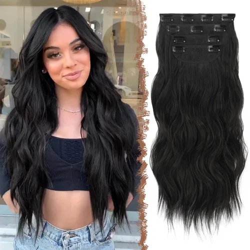 Miniatura 20 de FESHFEN Extensiones de cabello con clip - 4 piezas Extensiones de cabello sintético ondulado largo y grueso con clip para cabeza completa