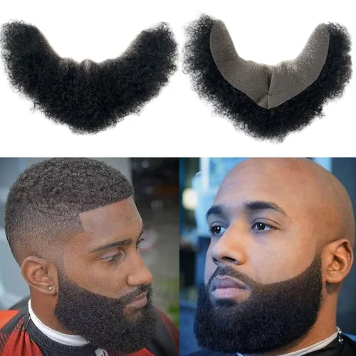 Voloria Cabello humano rizado afro, bigote para hombres negros americanos, base de encaje de maquillaje realista, sistema de reemplazo de 12 x 3