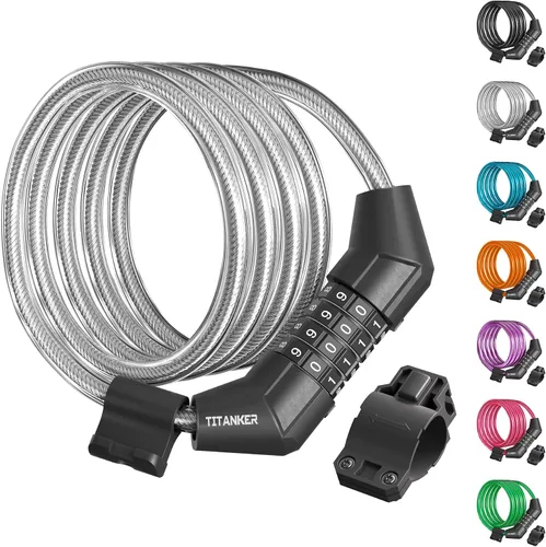 Miniatura 11 de Titanker Cable de bloqueo de bicicleta, bloqueo de cable de bicicleta de 4 pies, bloqueo de bicicleta autoenrollable básico para niños, combinación