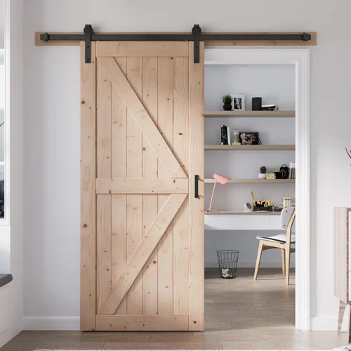 Miniatura 15 de FREDBECK - Puerta de granero de madera de 48 x 84 pulgadas con kit de herrajes para puerta de granero de 8 pies incluido, forma K, panel de abeto