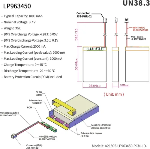 Miniatura 2 de EEMB Paquete de 4 baterías de polímero de litio de 3.7 V 1800 mAh 963450 Lipo con conector JST de cable para altavoz y dispositivo inalámbrico