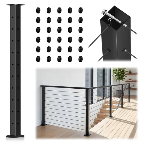 Miniatura 16 de Poste de escalera con barandilla de cable negro de 36 pulgadas con parte superior fija inclinada, poste de riel de alambre de acero inoxidable T304