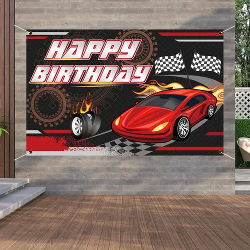 Miniatura 5 de Telón de fondo de cumpleaños de carreras de autos (5.9 x 3.7 pies), pancarta de tela gruesa a las arrugas, para cabina de fotos para niños, fiesta