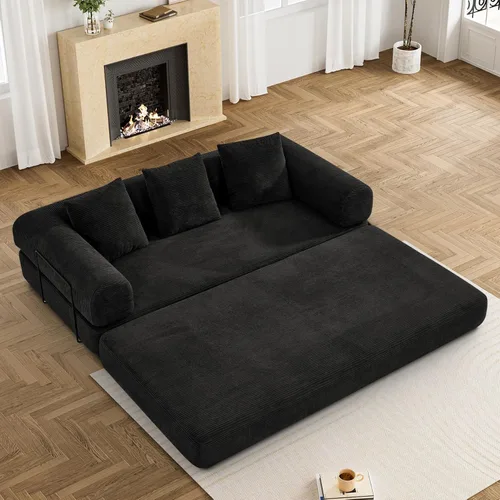 DAMAIFROM Sofá cama convertible con almohada cilíndrica, sofá cama plegable de pana con marco de forma fija, sofá modular de suelo para sala de Negro