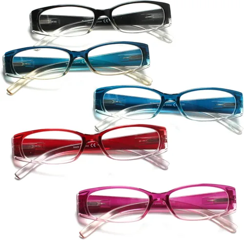 Miniatura 17 de Paquete de 5 anteojos de lectura rectangulares con bisagra de resorte, a la moda, unisex (5 combinaciones, 3.5)