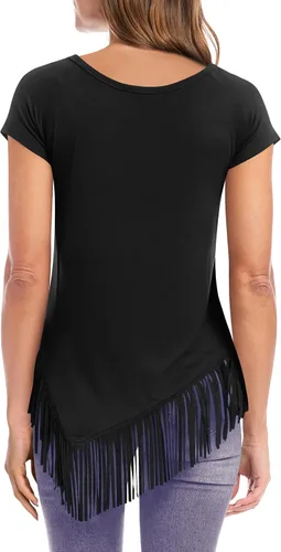 Miniatura 2 de liher Camisetas de verano para mujer, manga corta, raglán, cuello redondo, dobladillo asimétrico, con flecos, túnica