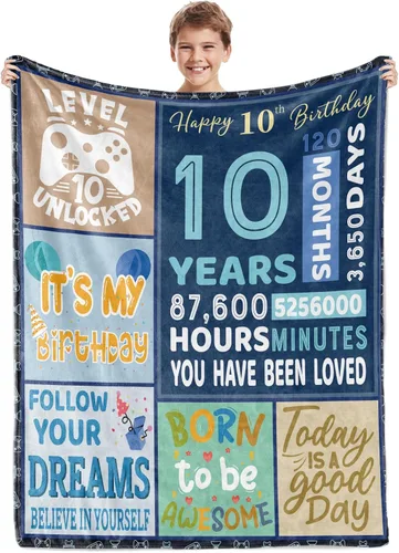 BTZO Regalos de cumpleaños número 10 para niños, manta azul de feliz cumpleaños 10, ideas de regalo para niños y niñas de 10 años, manta de regalo