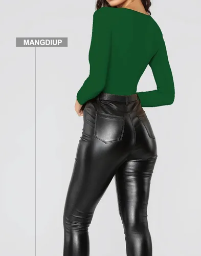 Miniatura 35 de MANGDIUP Body esencial para mujer, cuello redondo, manga larga, ajustado, elástico, de algodón y elastano