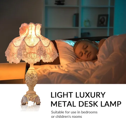 Miniatura 7 de Lámpara de escritorio de estilo europeo rosa con pantalla de tela, lámpara de mesa victoriana con bombilla E27 e interruptor de botón, lámparas