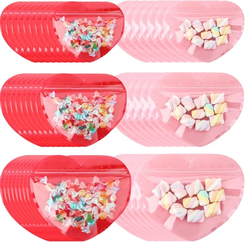 Miniatura 8 de Yexiya 50 bolsas de regalo de corazón grandes para pequeñas empresas de 3.4 x 4 pulgadas, bolsas de joyería transparentes en forma de corazón, Rojo