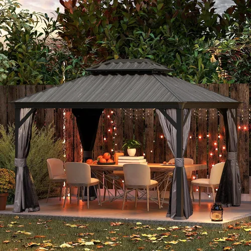Miniatura 56 de Domi - Cenador permanente de metal con techo rígido de 8 x 8 pies, con doble techo de acero galvanizado, cortinas y malla para fiestas, bodas, Gris